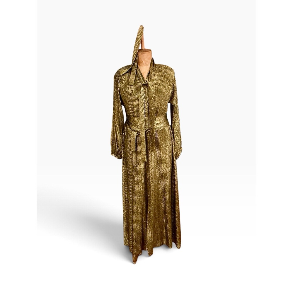 Vintage 1970s Halston IV Dorian Gold Metallic Pleated Caftan Maxi Gown Sashes
